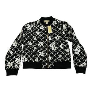 Michael Kors Black Floral Embroidered Mesh Bomber Jacket Women's Size M/L NWT